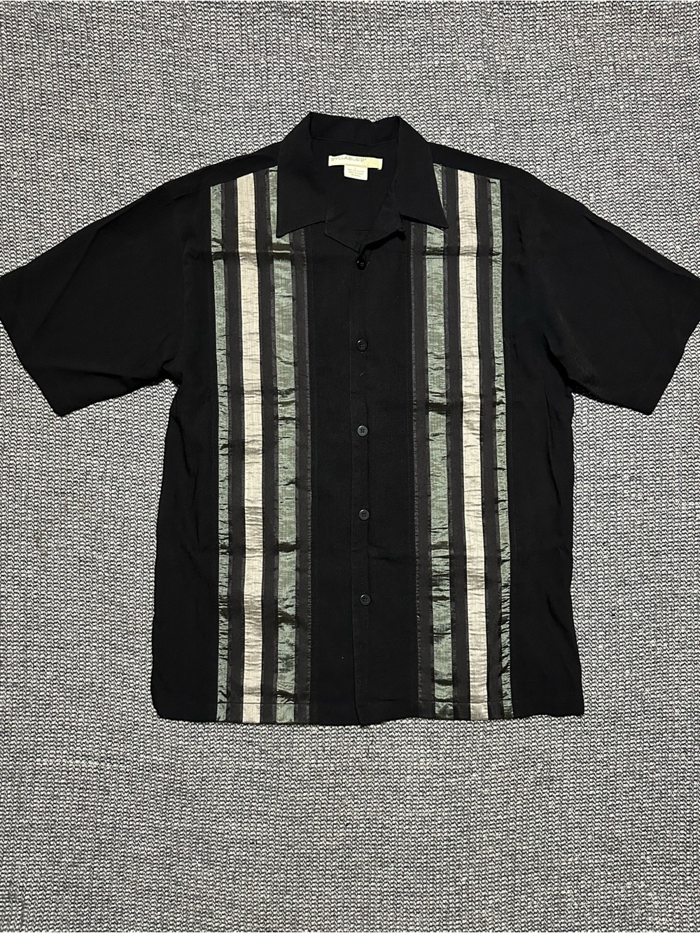 Syllables Vintage 90s Black Button-Up Shirt with Olive Green & Cream Stripes